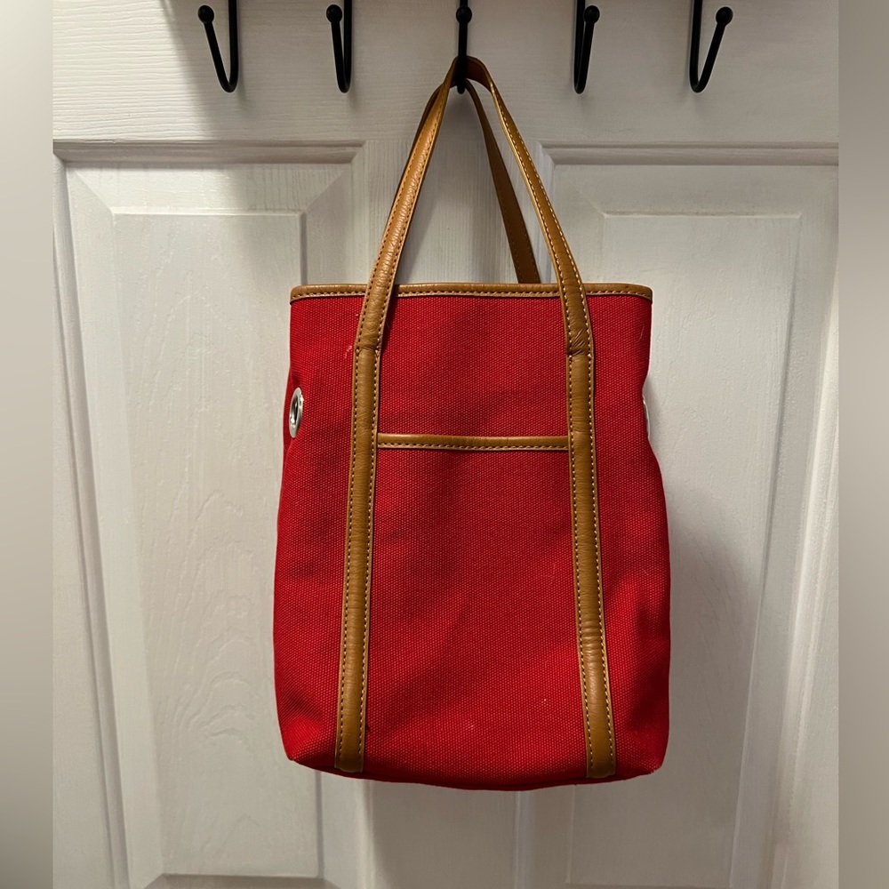 TALBOTS Womens Red Canvas Medium Satchel Bucket Handbag Tote Purse